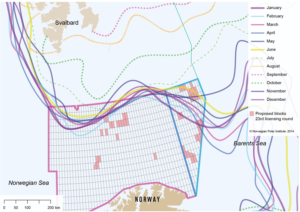 Monthly maximum sea ice extent for the period 1984-2013. Suggested licenses in the 23rd licensing round are shown as squares on the map.